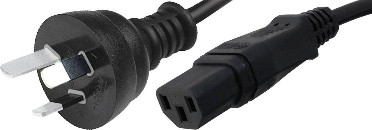 A black power cable with an Australian plug on the left-hand side and a C13 device plug on the right-hand side.