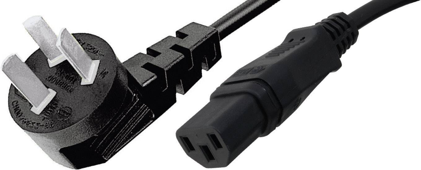 A black network cable with a three-pin plug and an IEC connector, commonly used for computers and electronic devices.