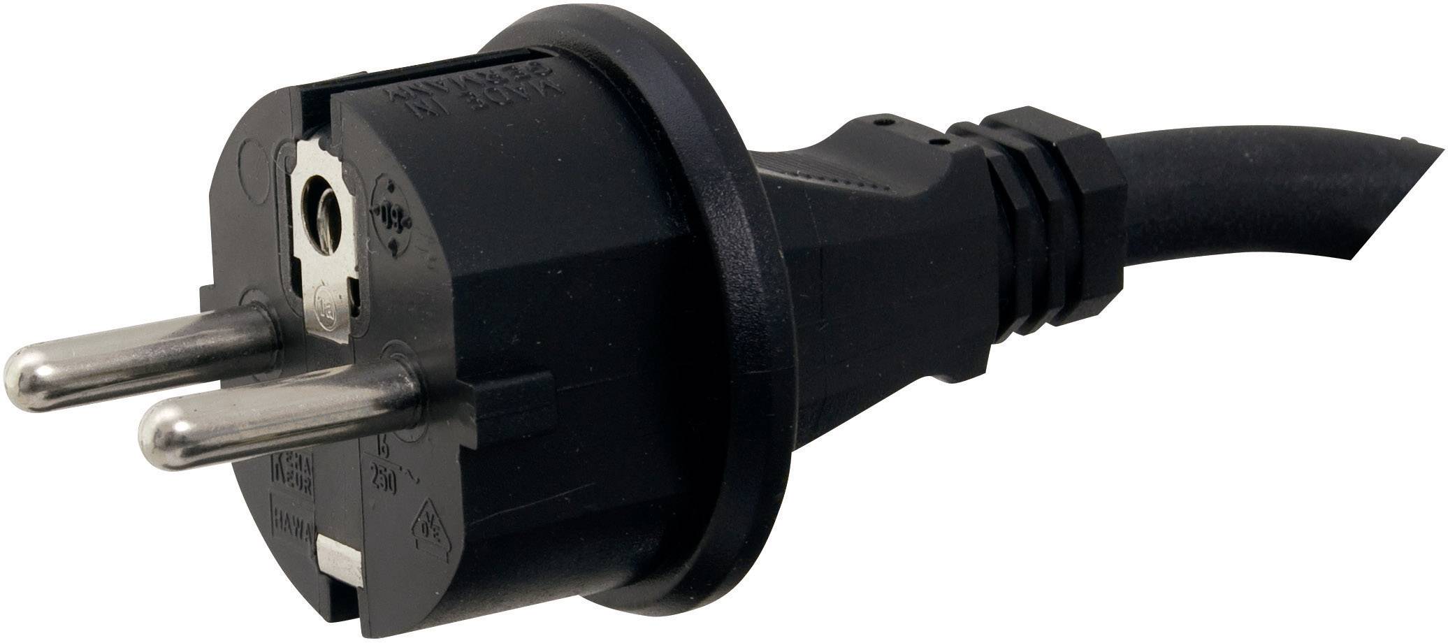 Black EU mains plug with two metal pins, shown from the side, displays the electrical connection of an electrical device.