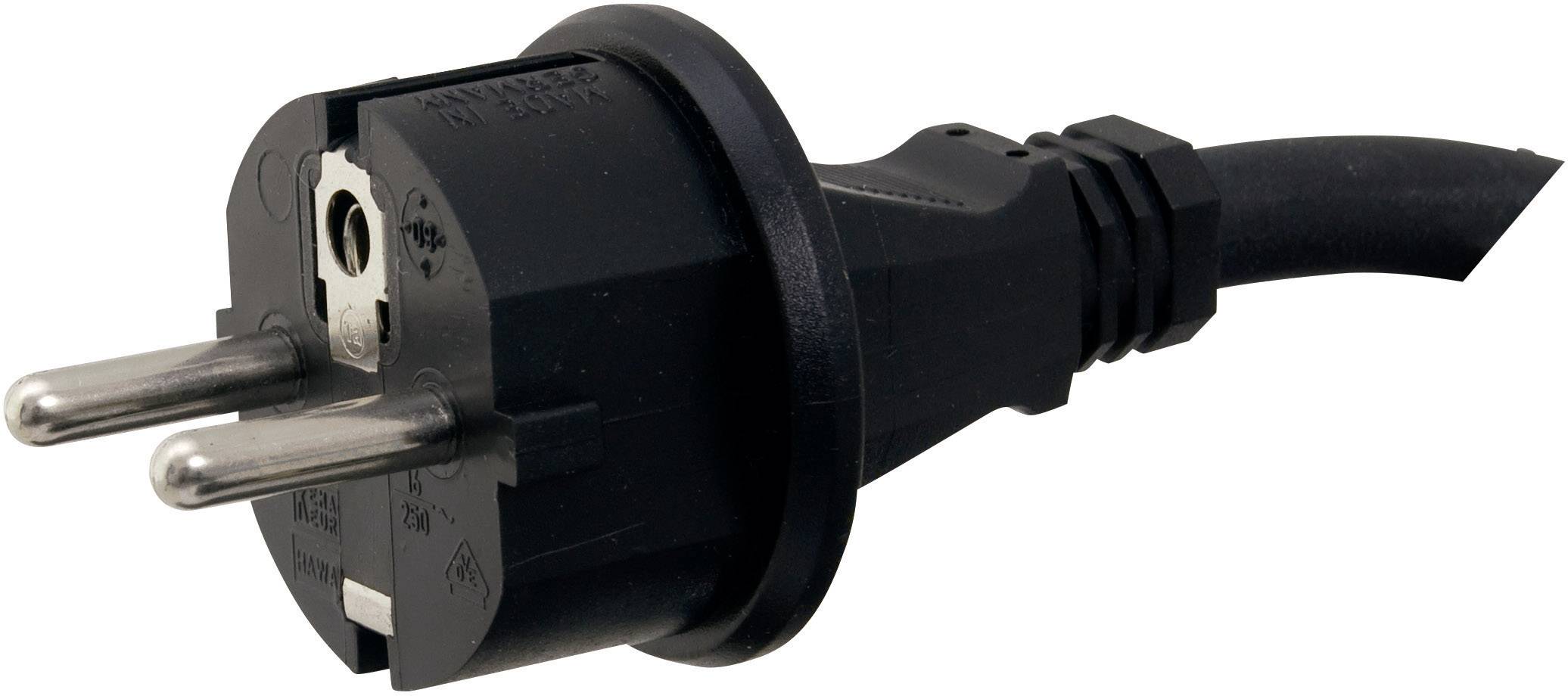 A black Schuko plug with two metal pins is mounted on a cable. For connection to sockets in Europe.