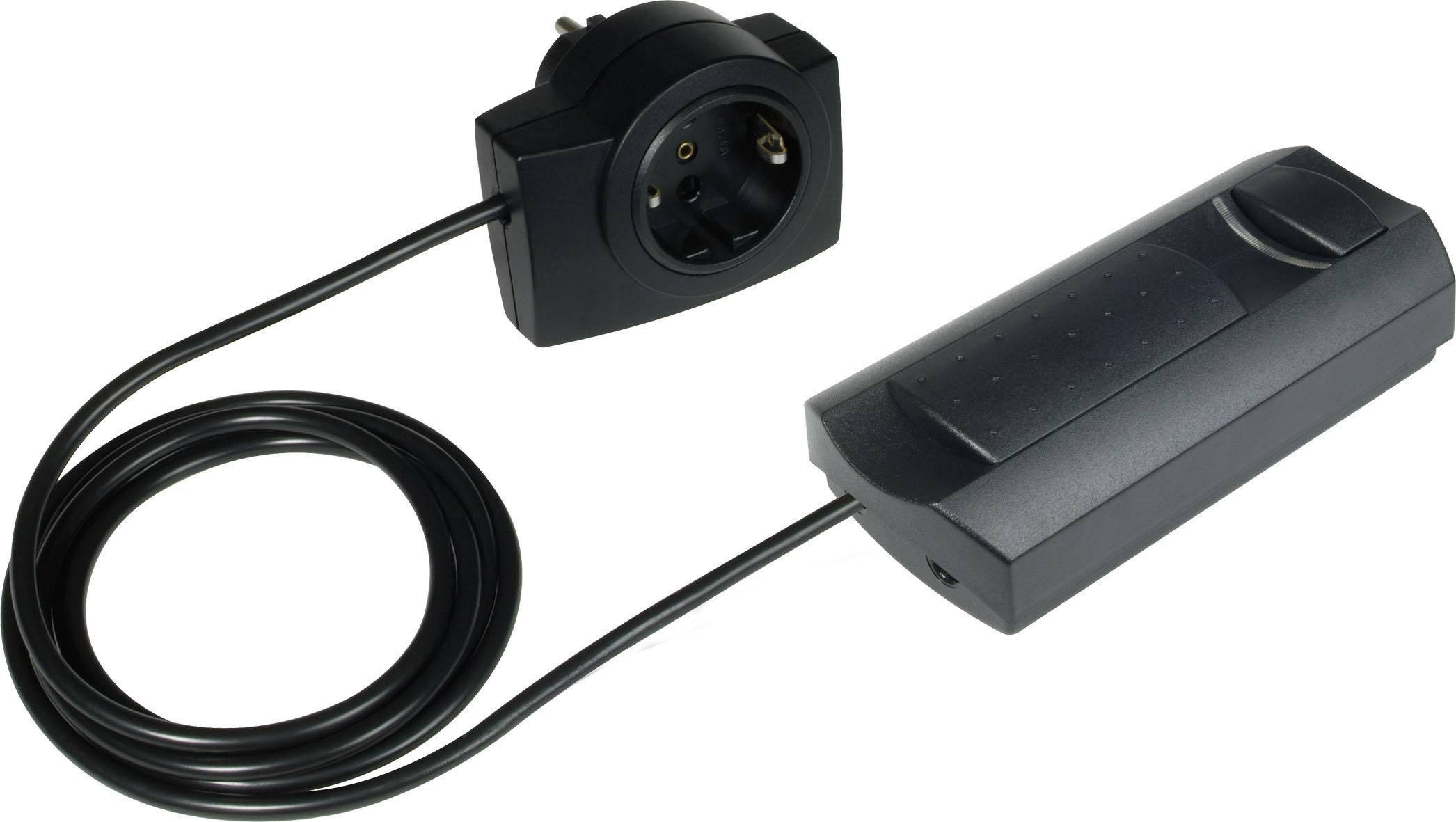 Black remote control with cable and power socket.