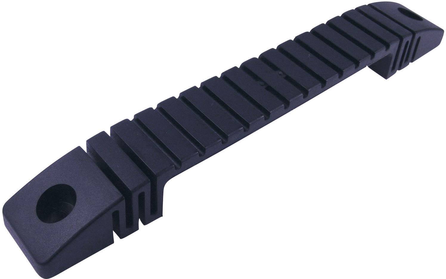 Black, ribbed door handle in a rectangular shape, with holes at both ends for mounting.