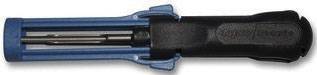 A blue and black tool handle with an integrated metal blade.
