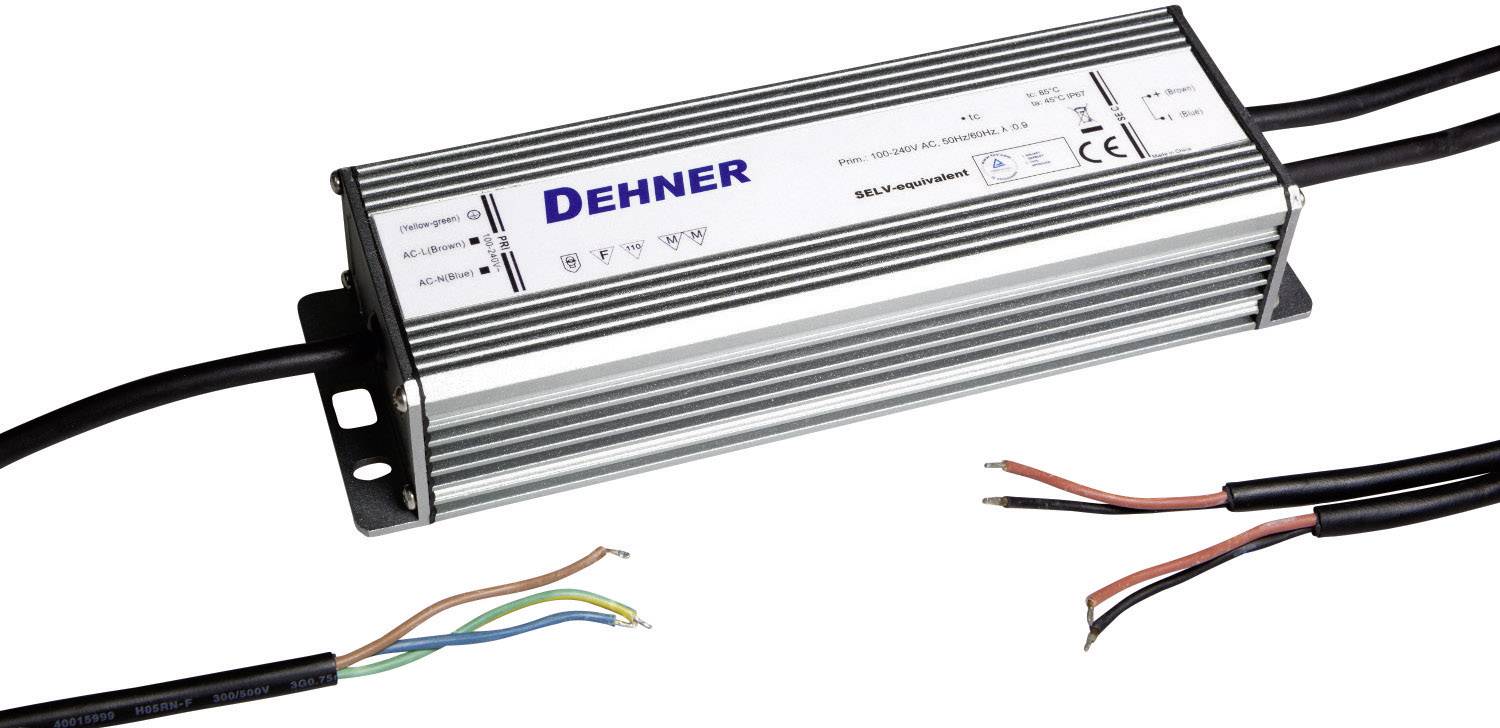 A rectangular electronic device with 'Dehner' printed on it, with cables at both ends, presumably a transformer or voltage converter.