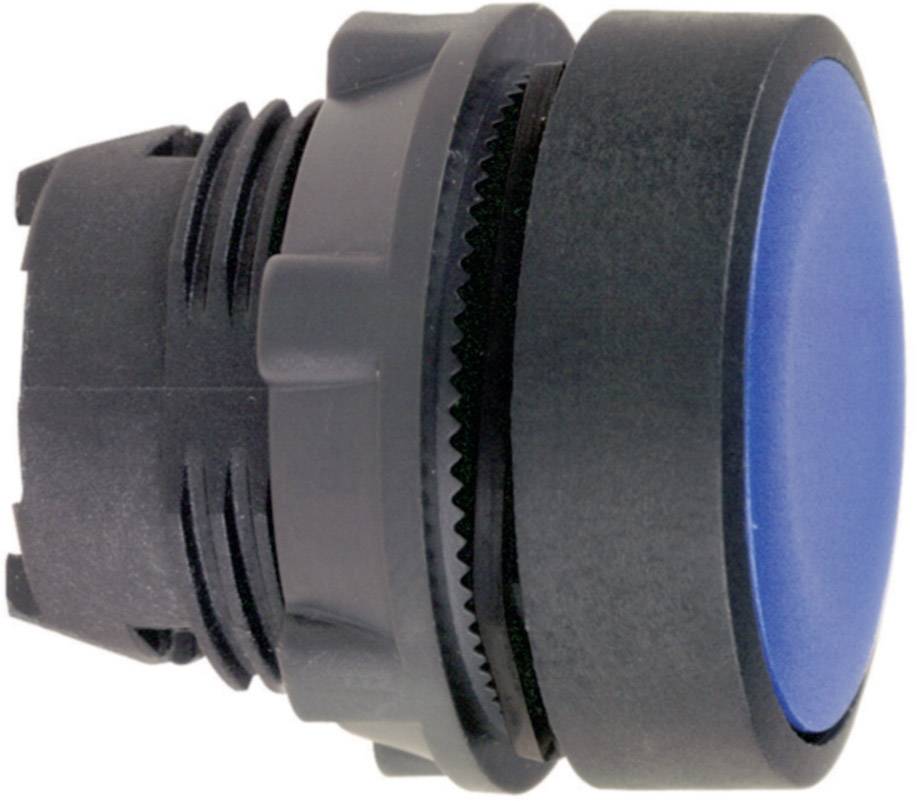 A round, black push button with a large, blue surface. It is suitable for electronic or mechanical switching systems.