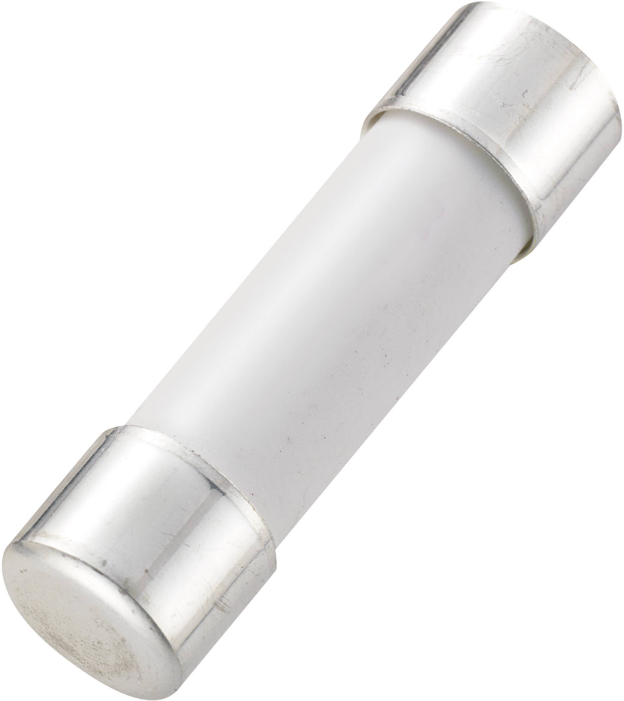 A white cylindrical glass fuse with metallic end caps, used to protect electrical devices.