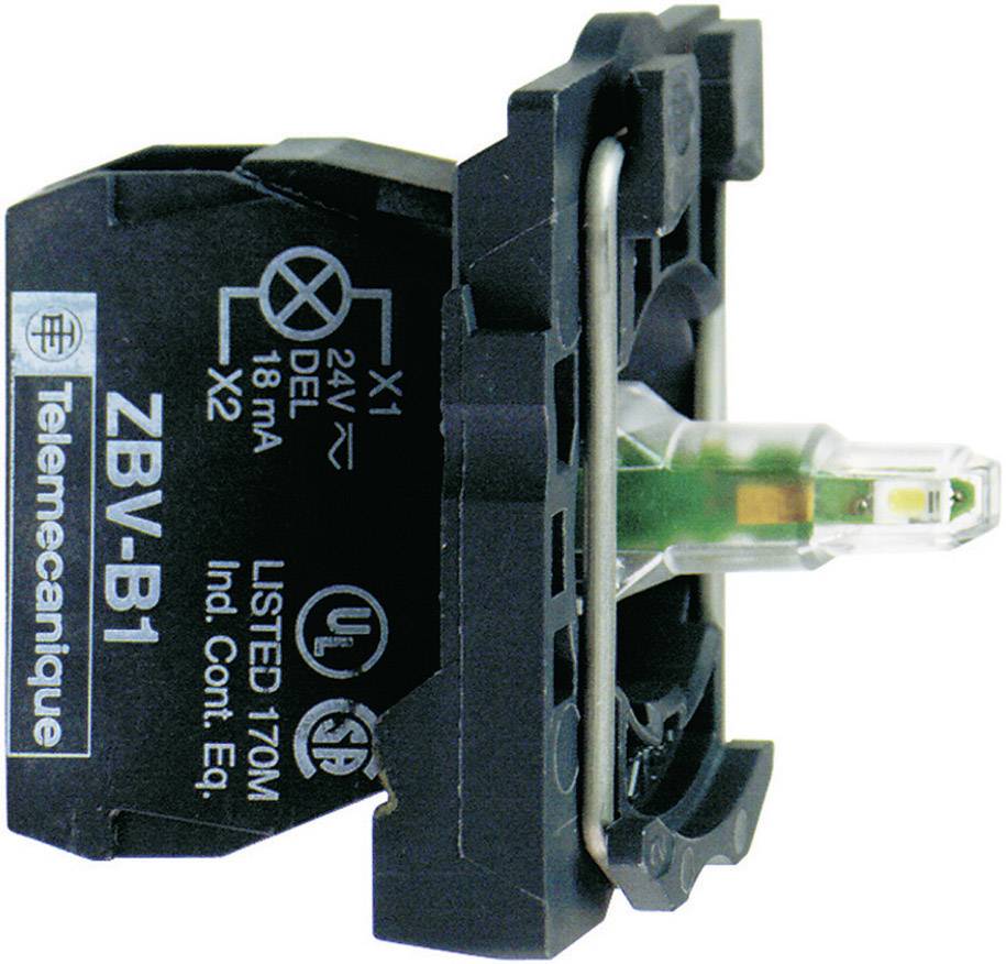 'Telemecanique ZBV B1' LED module in close-up, black housing, illuminated with green LED, suitable for industrial applications.