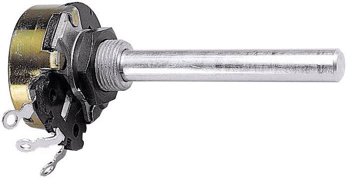 A potentiometer with a long, silver shaft and multiple connection points. Used for voltage or volume control in electronic circuits.