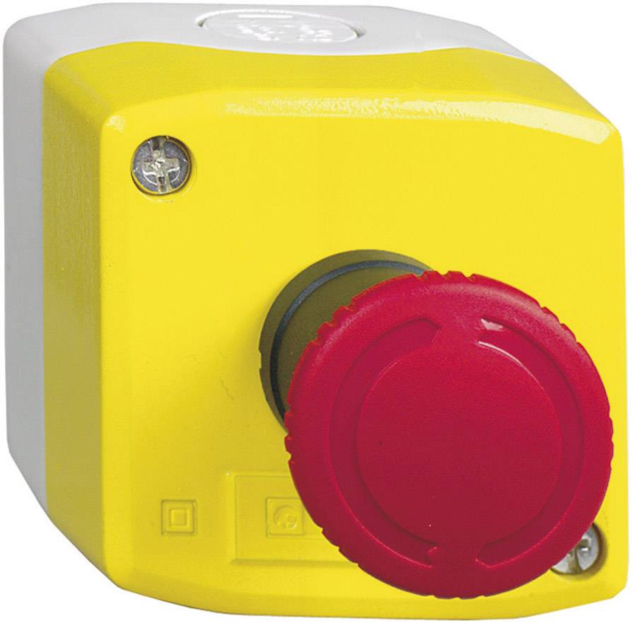 Yellow emergency stop switch with red button on grey box, used for quick shutdown in emergency situations.
