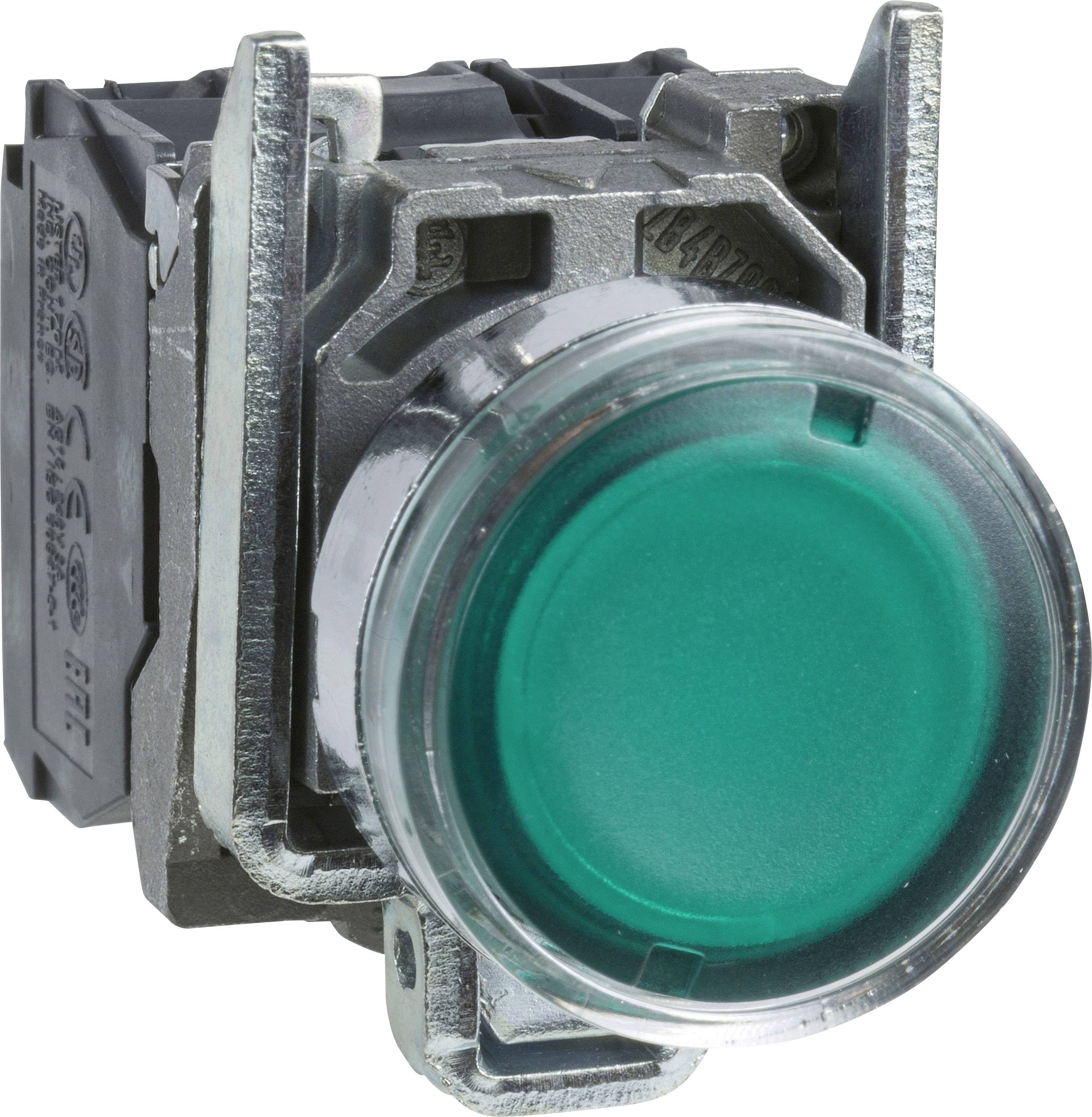 A round green push button in a metal mounting. Suitable for controlling machines or devices.
