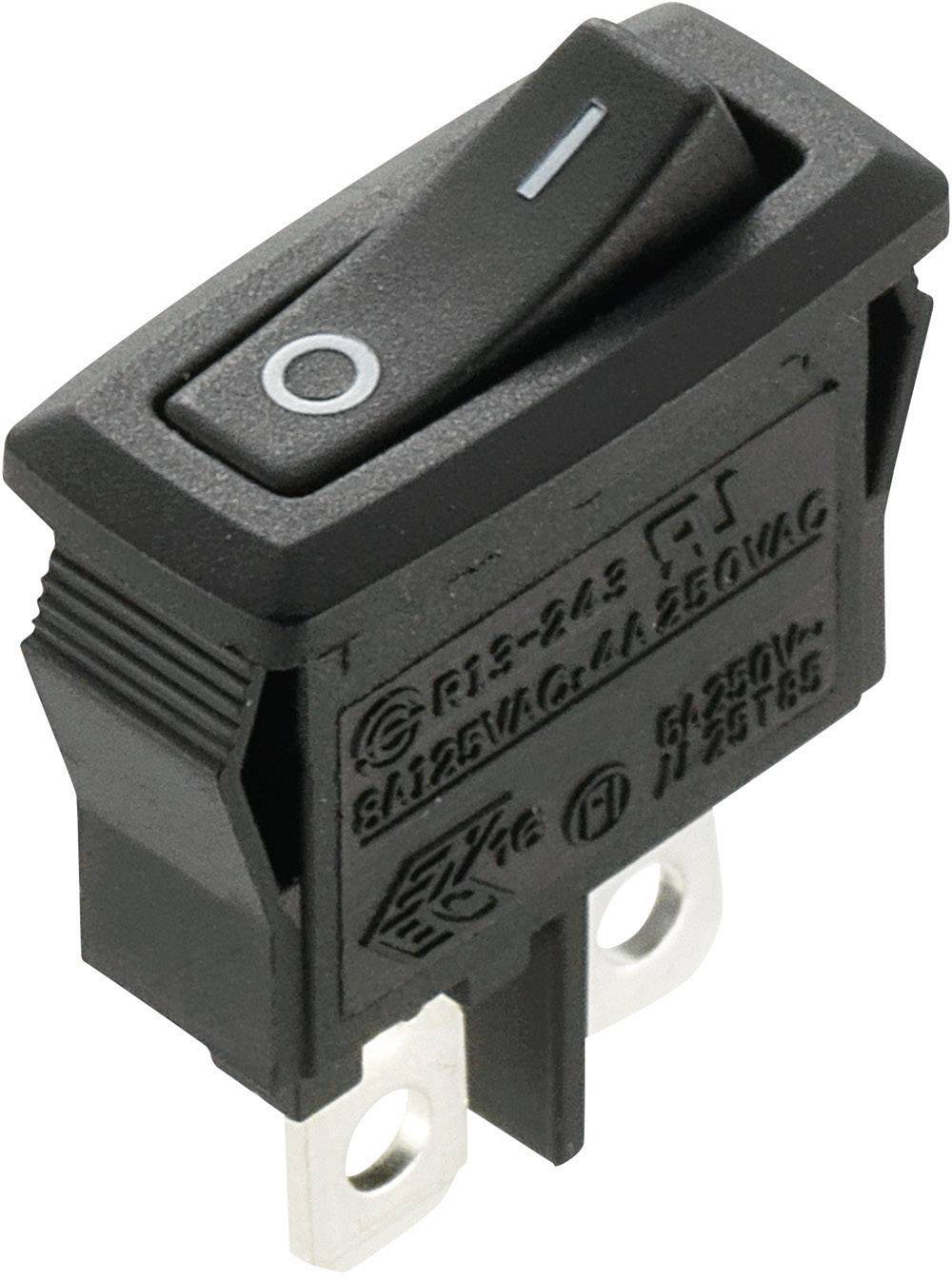 Black toggle switch with labels and silver terminals, suitable for electrical circuits up to 250V.