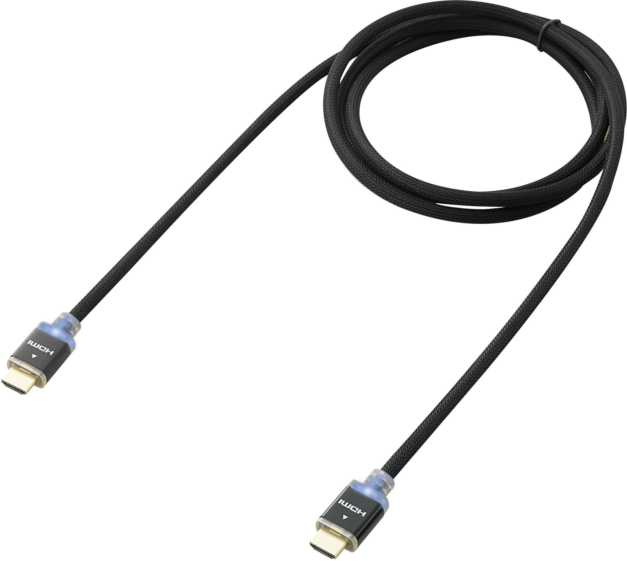 Black HDMI cable, approximately 1.5 metres long, with gold-plated connectors at both ends, suitable for connecting audio and video devices.