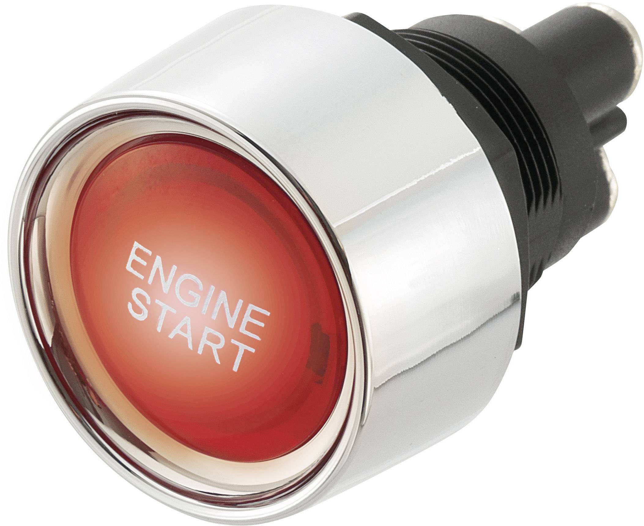 Red button with the inscription 'ENGINE START'. The button is surrounded by a metallic ring and is used for starting an engine.