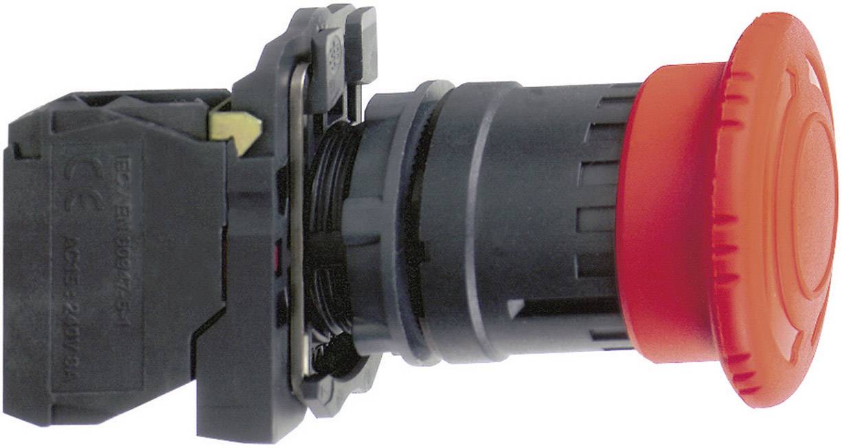 A red emergency stop switch in side view. The switch is round and prominent, designed to be pressed in emergency situations.