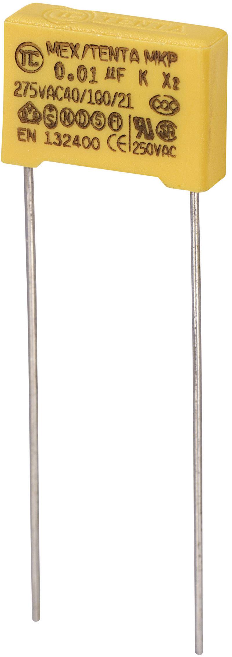 Yellow capacitor with inscription: 'X2, 0.01 μF, 275V'. Suitable for applications with alternating current devices, insulated for protection.