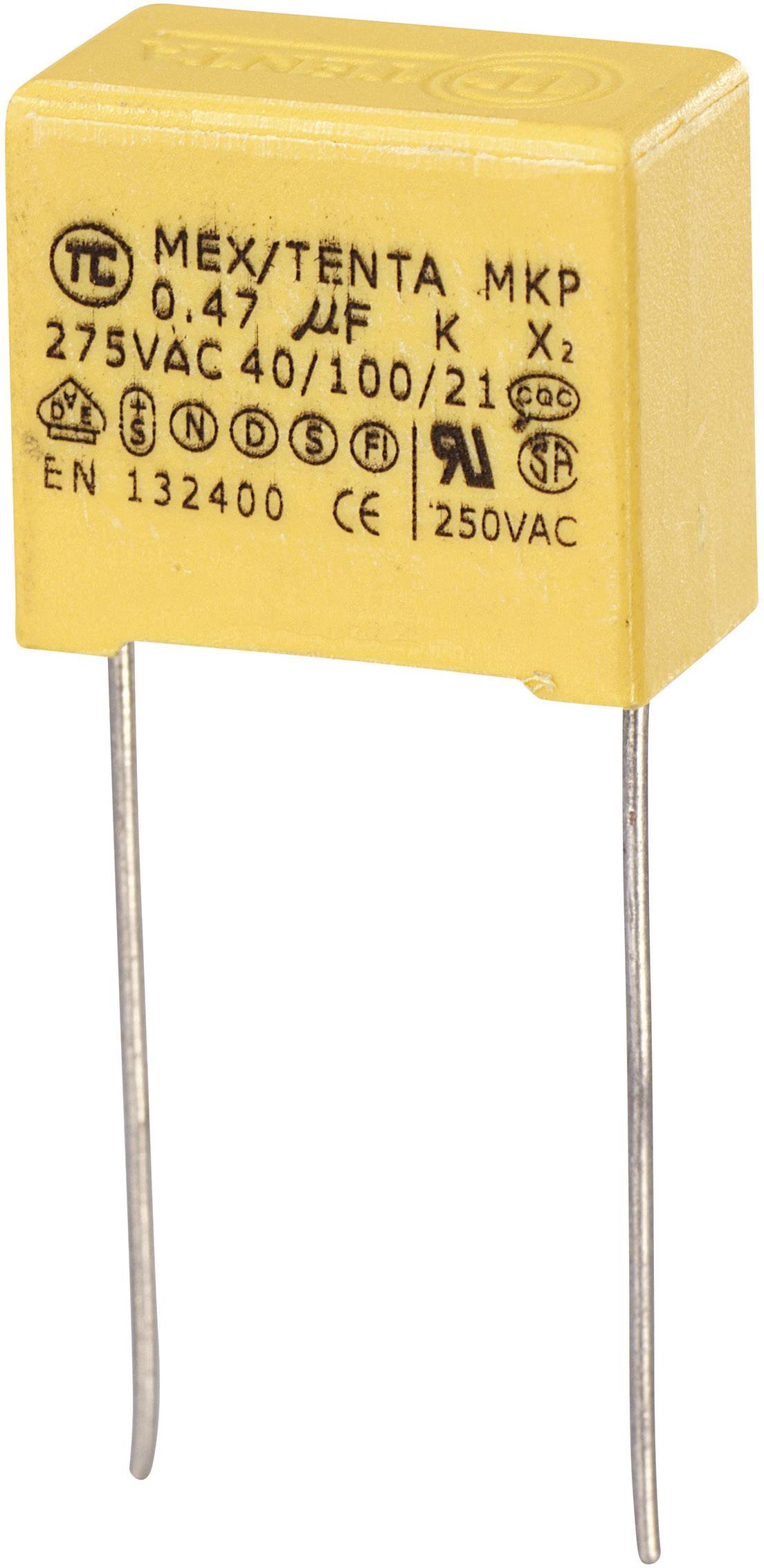 Yellow electrical capacitor with printed specifications: Capacity 0.47 µF, Voltage 275V, Temperature Class 40/100/21, EN 132400.