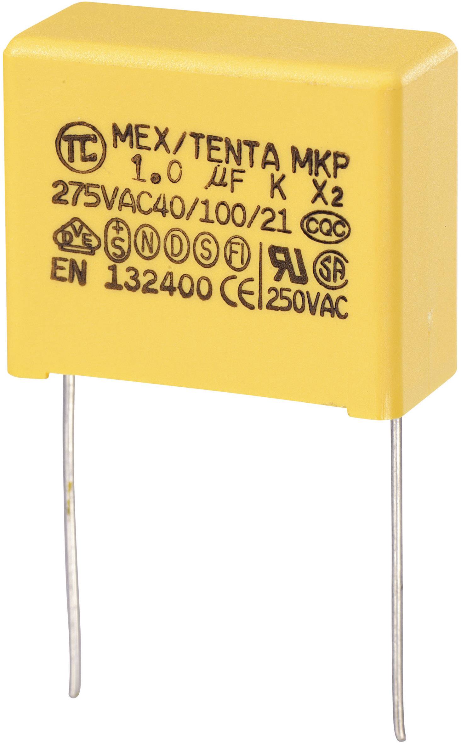 Yellow capacitor with the inscription 'MEX/TENTA MKP 1.0 µF 275VAC'. Two metal pins protrude from the underside.