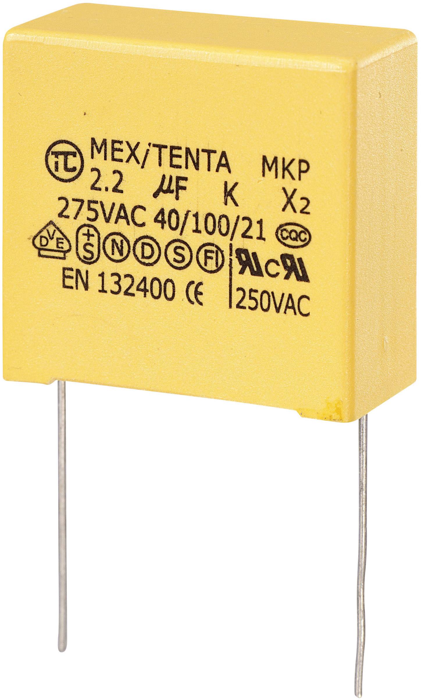 Yellow film capacitor with two-pole connections. Inscription shows specifications: 2.2 µF, 275VAC, various test seals.