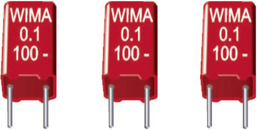 Three red WIMA capacitors, each marked with '0.1 100-'. They are arranged side by side with two terminals at the bottom.