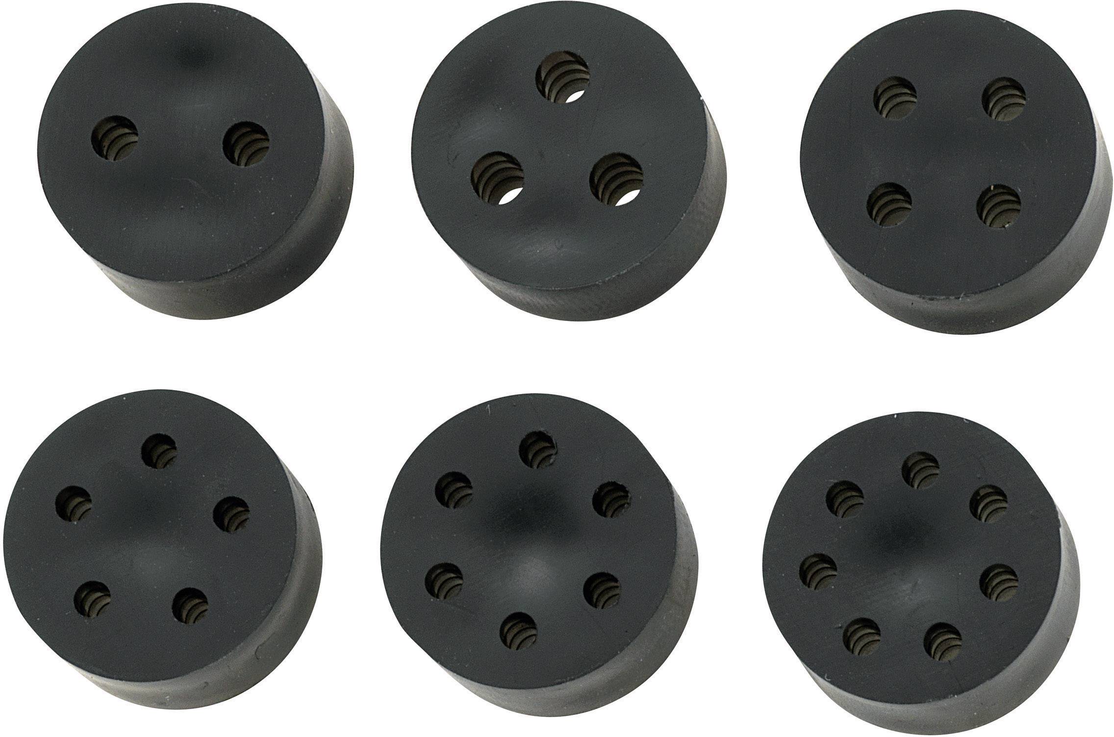 Six black matrices with different numbers of holes, ranging from one to six.