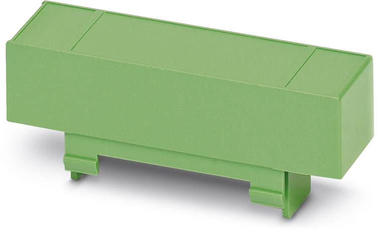 A green plastic enclosure for electronic components with a rectangular shape and two mounting clips on the underside.