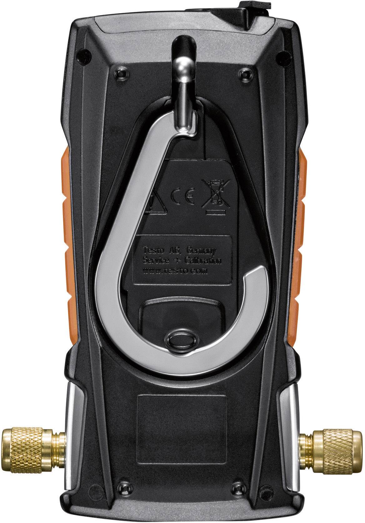 A black device with orange sides and golden connectors. A large hook is attached in the centre.