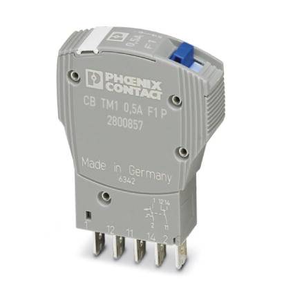 A grey circuit breaker from Phoenix Contact, model CB TM1 0.5A F1 P, with a blue button and inscription 'Made in Germany'.