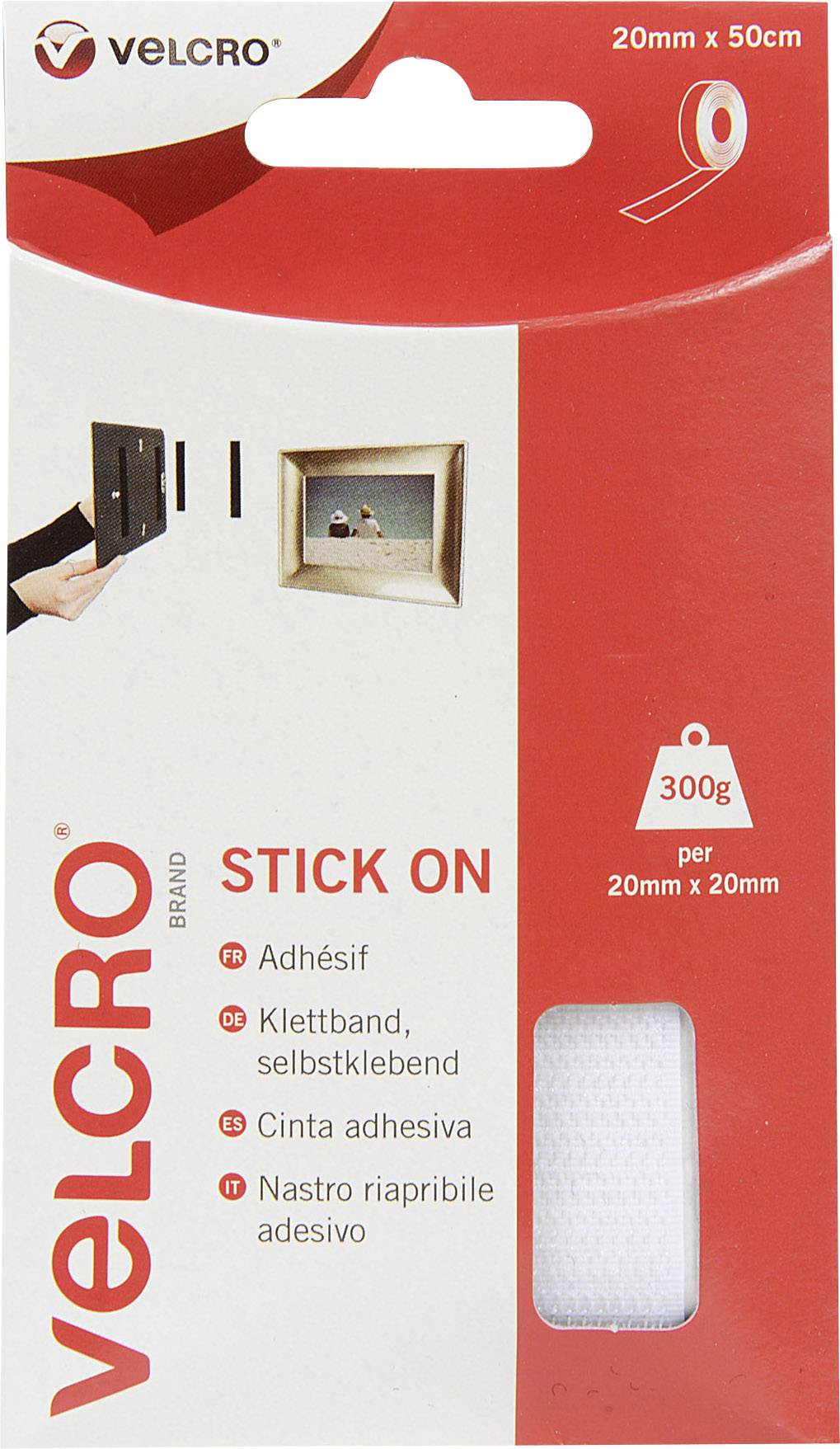 White hook and loop fastening tape by Velcro, suitable for lightweight items up to 300 g. Dimensions 20 mm x 50 cm, self-adhesive.