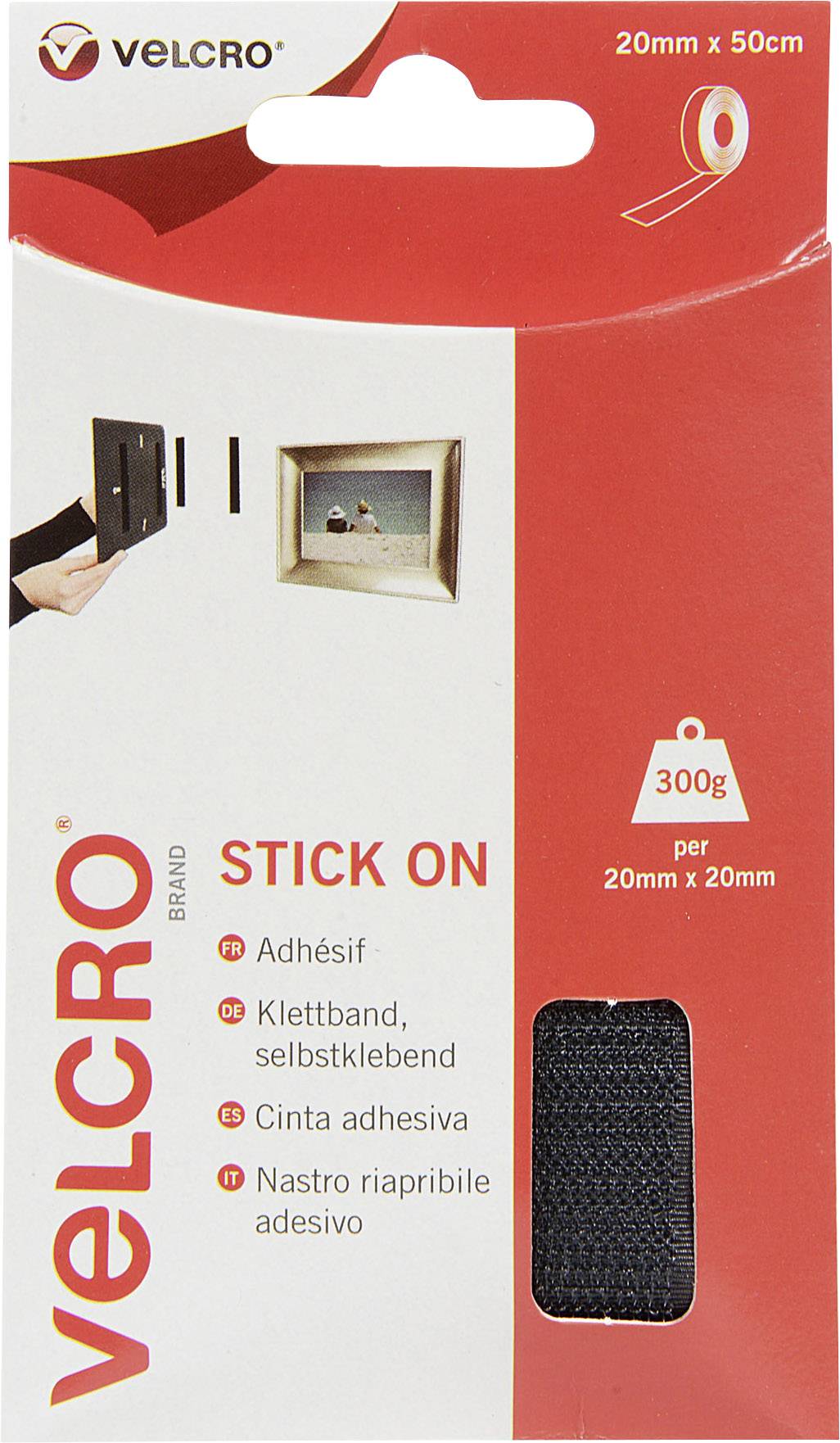 'VELCRO Stick On', Hook and Loop Tape 20 mm x 50 cm, self-adhesive, black. Packaging illustration with product information and usage example.