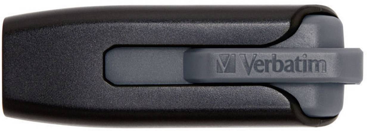 Black USB flash drive from above, Verbatim brand, with grey sliding cover.
