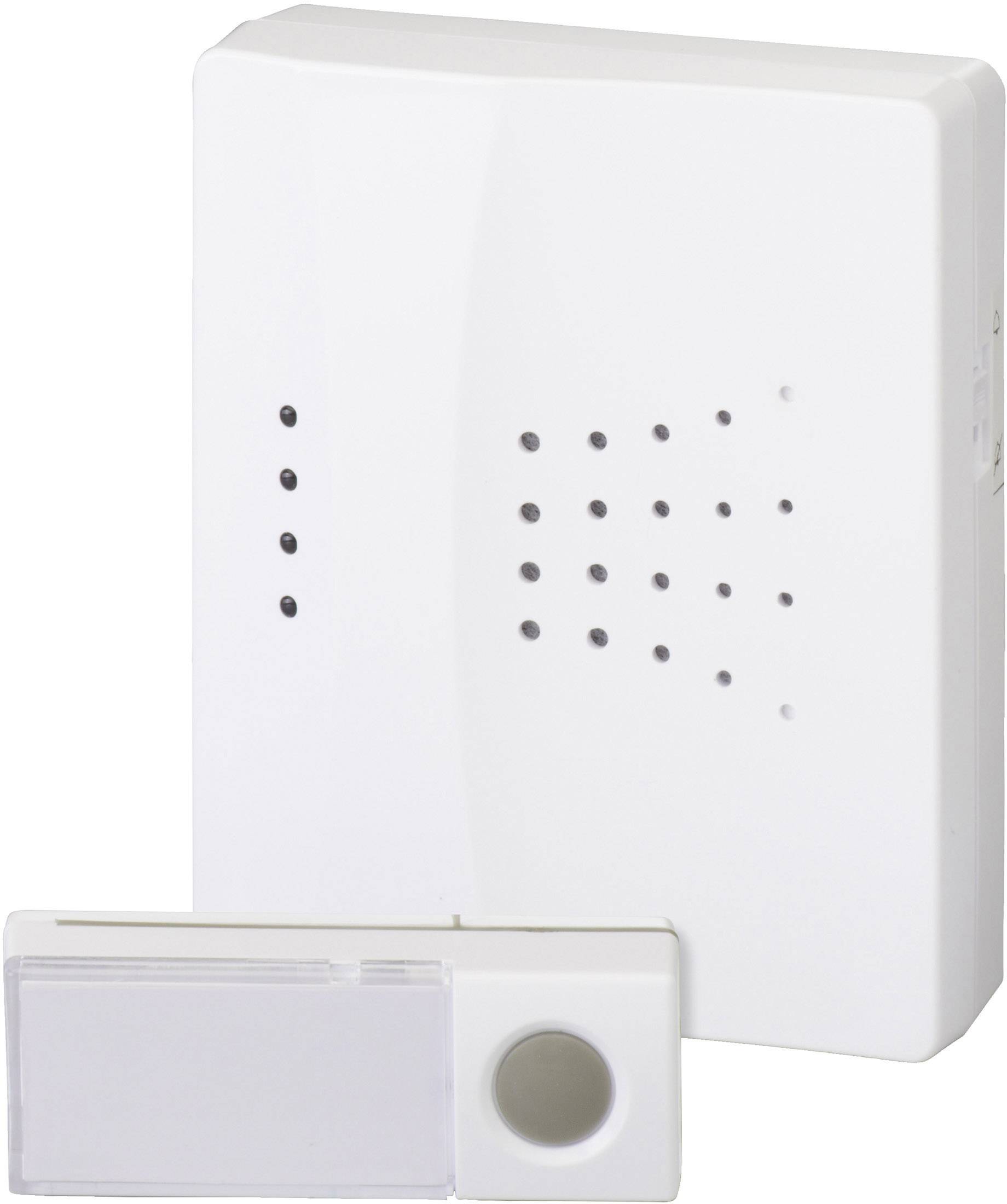 White doorbell with speaker grille and circular button, suitable for wall mounting.
