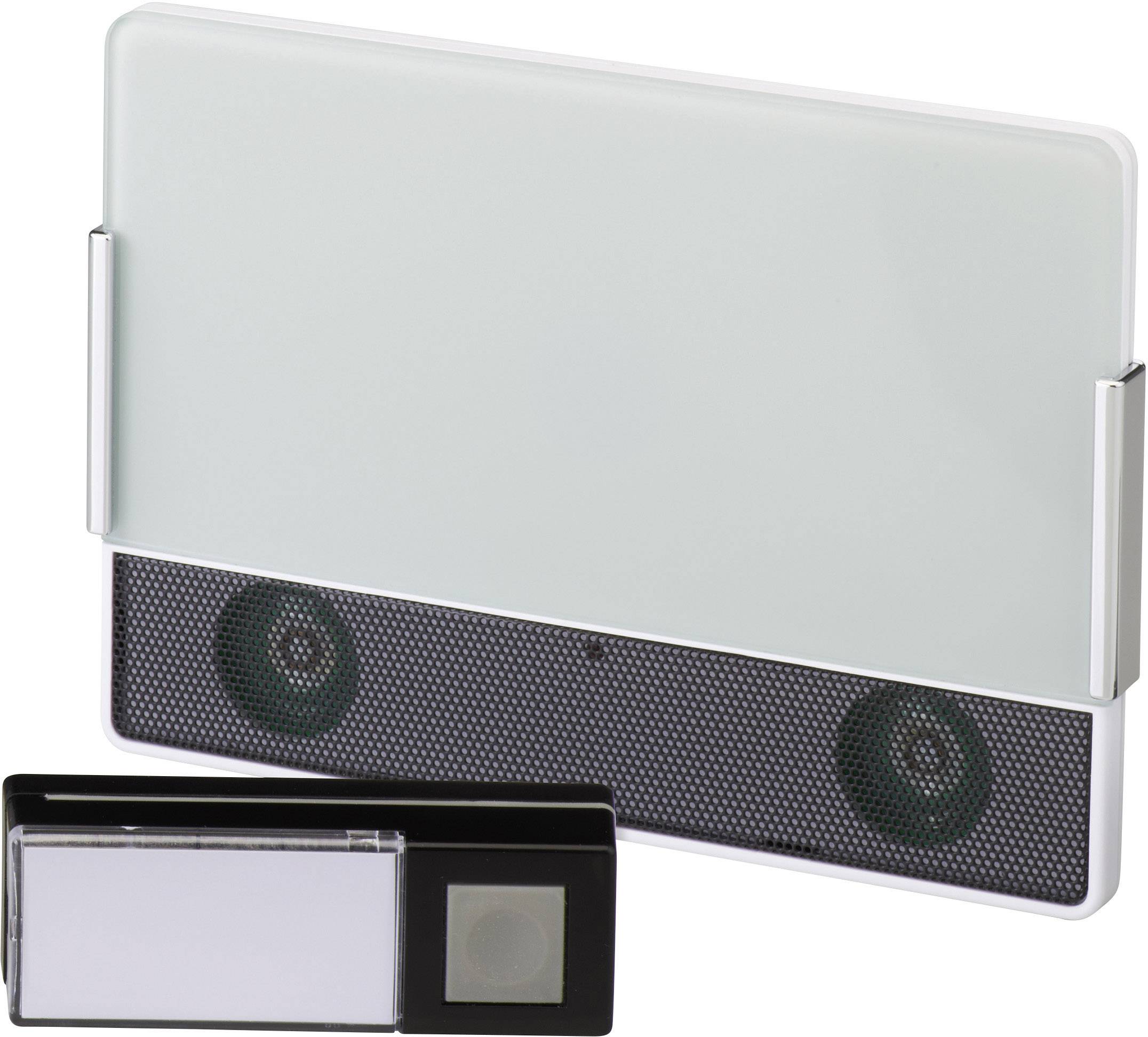 A rectangular Wi-Fi speaker with a white casing and two visible speakers on a black background. Beside it, a smaller, rectangular black remote control with a light-coloured button.