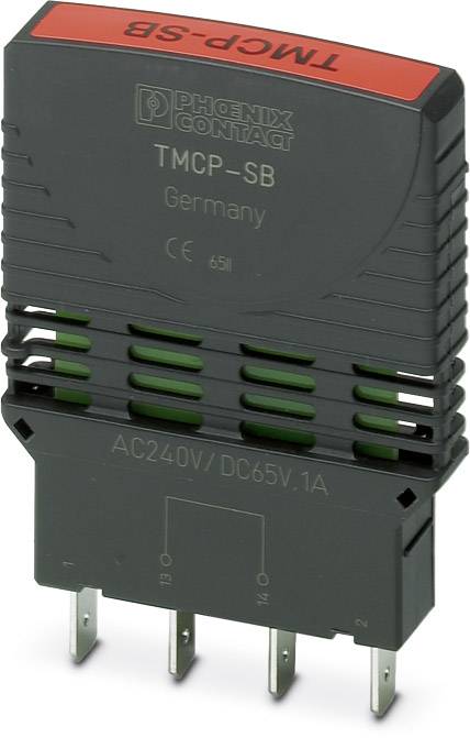 'TMCP-SB' circuit breaker by Phoenix Contact, grey with red label, suitable for AC240V/DC65V 1A, marked with 'Germany'.