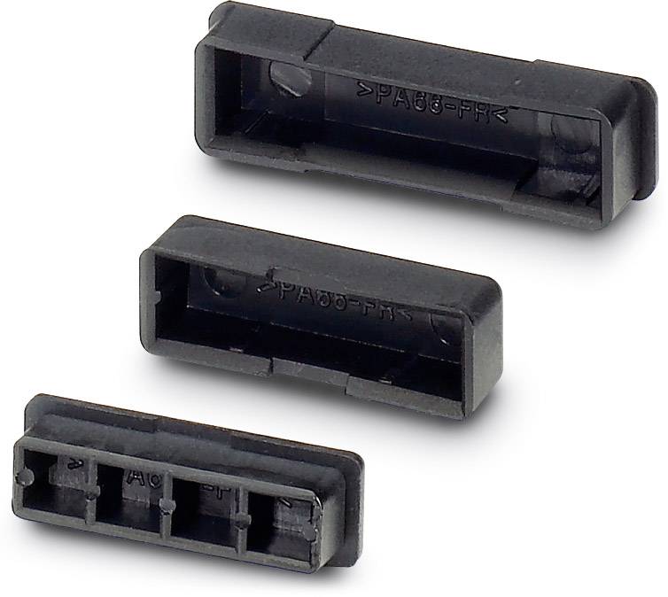 Three black plastic caps in different orientations. They serve as protective covers for electronic connectors.