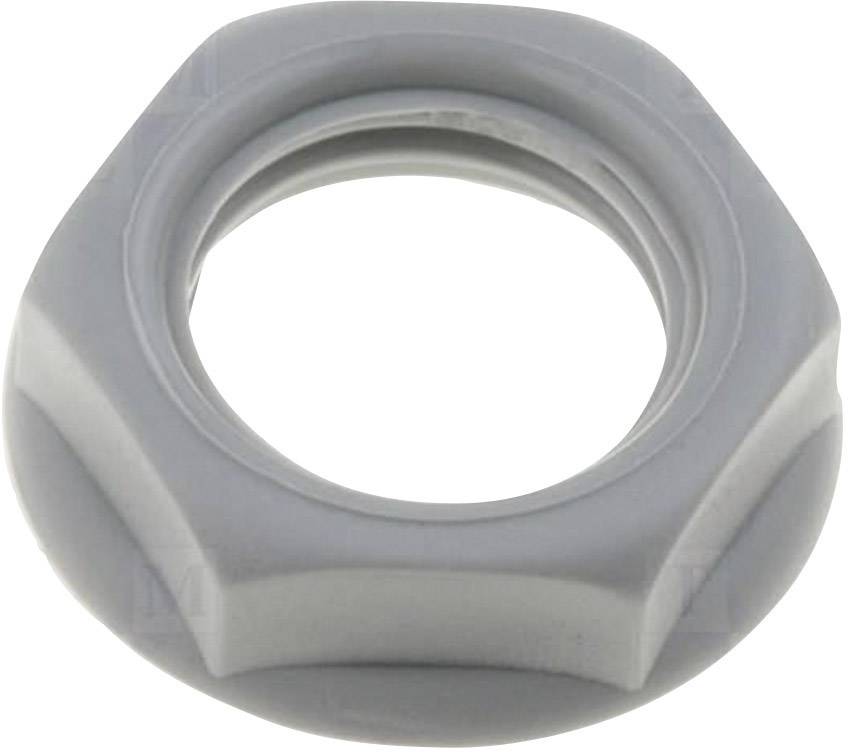 Hexagonal nut made of grey plastic with a smooth surface, tapered in shape, suitable for fastening purposes.