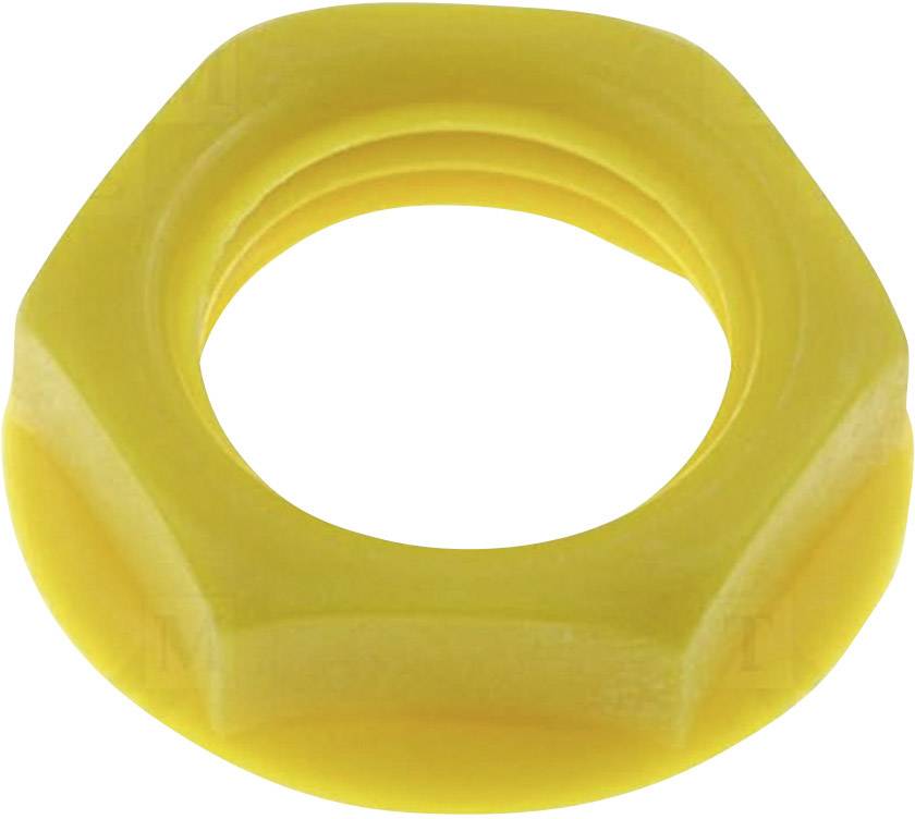 Yellow plastic hexagon nut.
