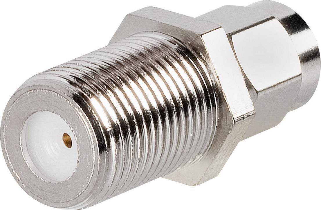 A silver coaxial adapter with threading and a hexagonal connection point, used for cable connections.