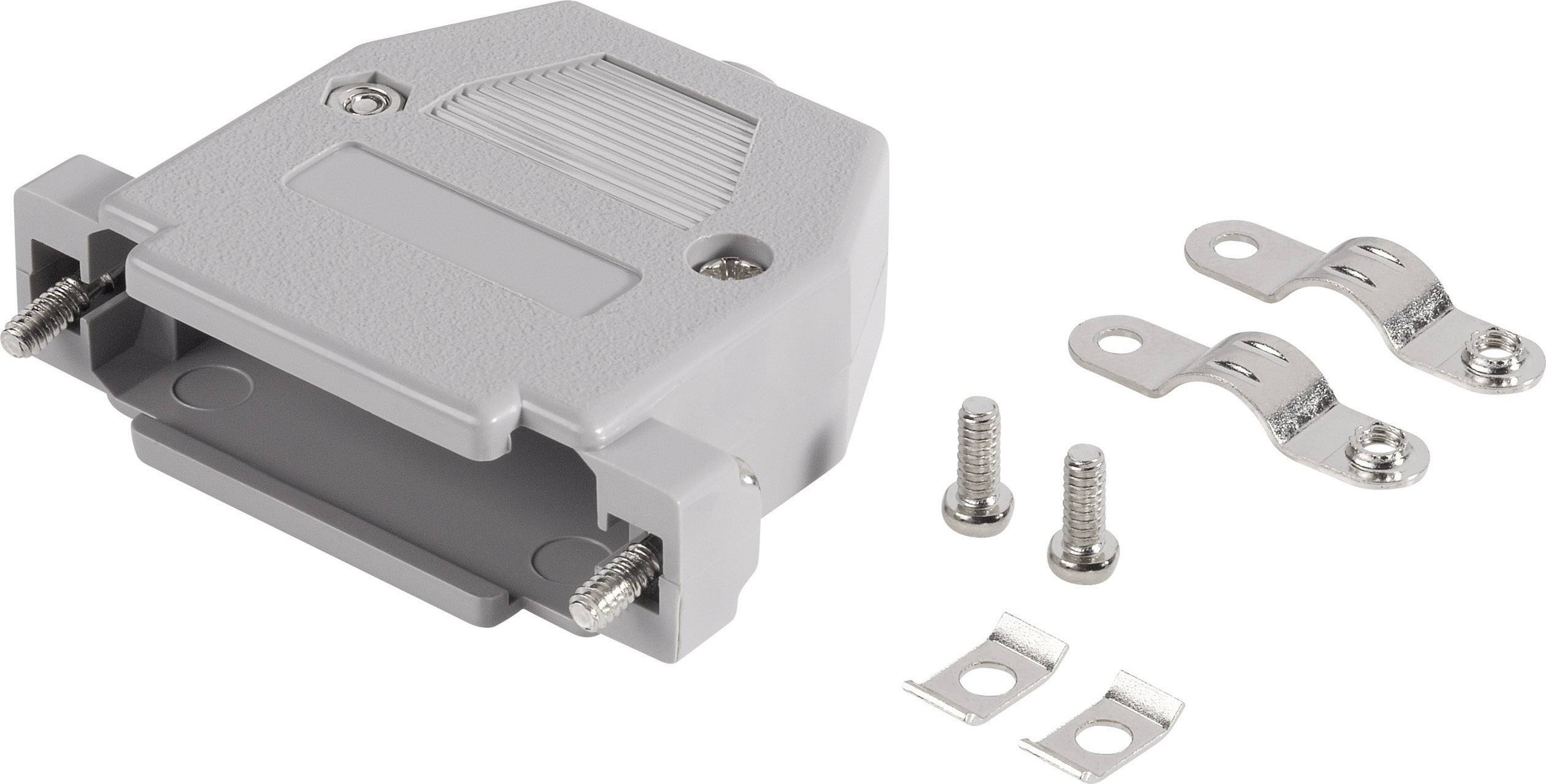 Grey plastic plug housing with screws and metal clips, suitable for secure fastening and connection of cables.