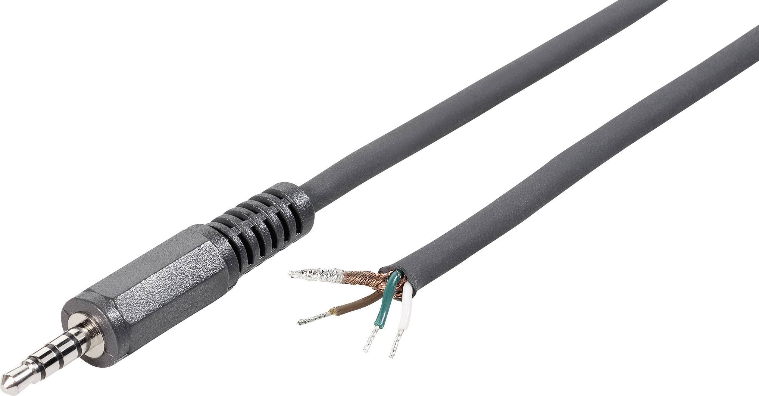 An audio cable with a 3.5mm jack plug on the left side and exposed, stripped cable ends on the right side.