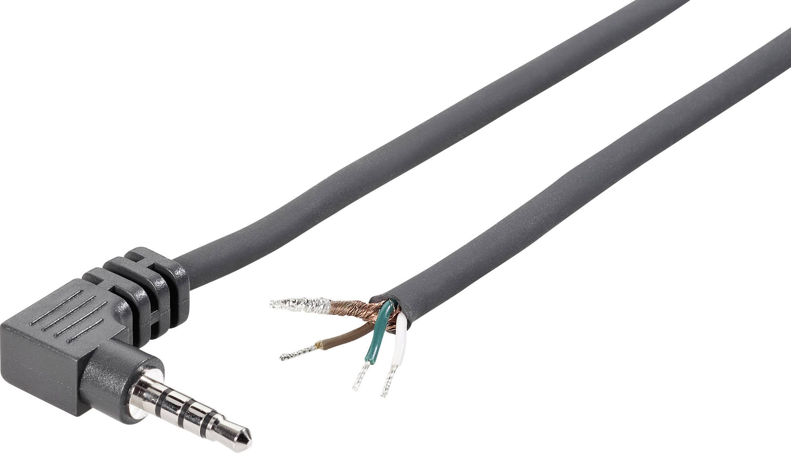 A severed audio cable plug with exposed wires. The plug is angled and the insulation is stripped from multiple wires.