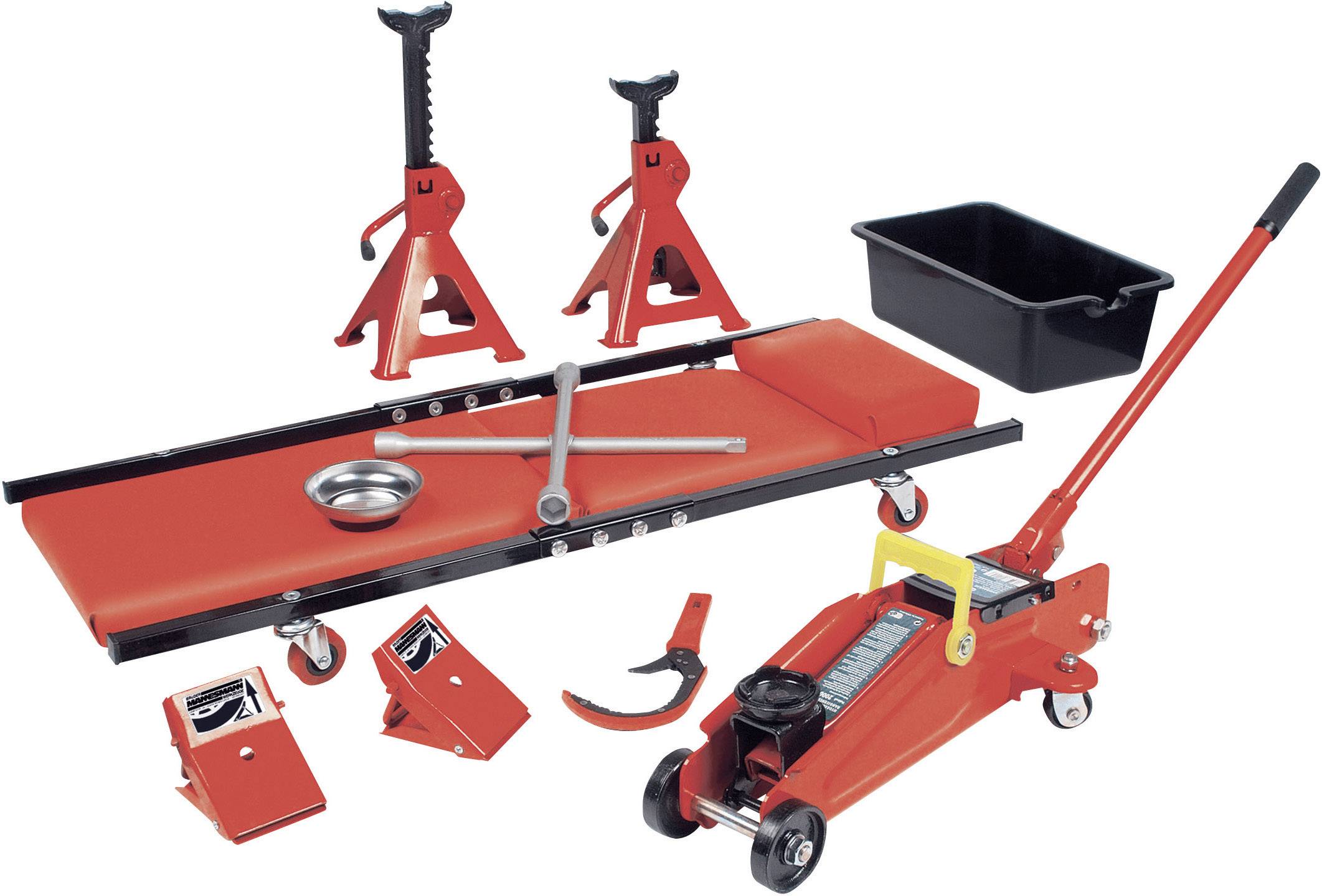 A workshop set comprising a hydraulic jack, two axle stands, a mobile workshop trolley, and a storage container.