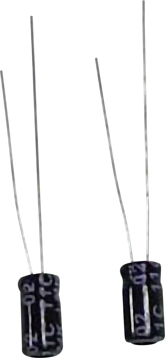 Two black radially-wired electrolytic capacitors, standing upright, each with two long connecting wires.