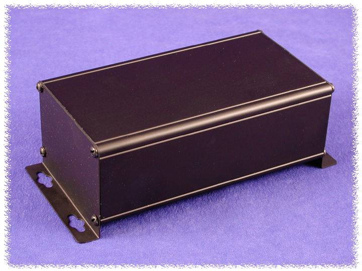 Black rectangular metal enclosure with rounded edges, placed on a purple background.