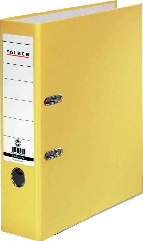 Yellow lever arch file with metal edges and holes on the front. The spine label is marked in red with 'Falken'.