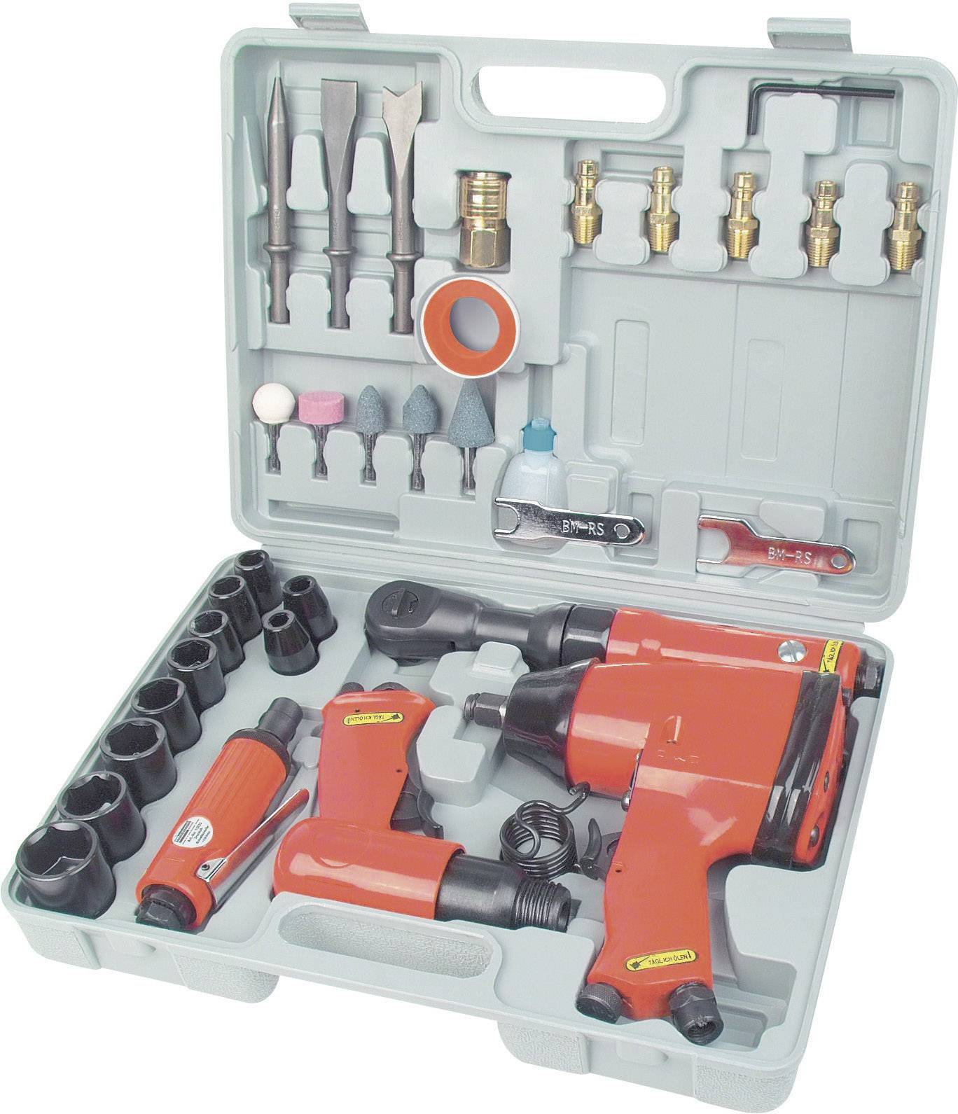 Toolkit with pneumatic tools and accessories, including various attachments and socket wrenches in a grey plastic case.