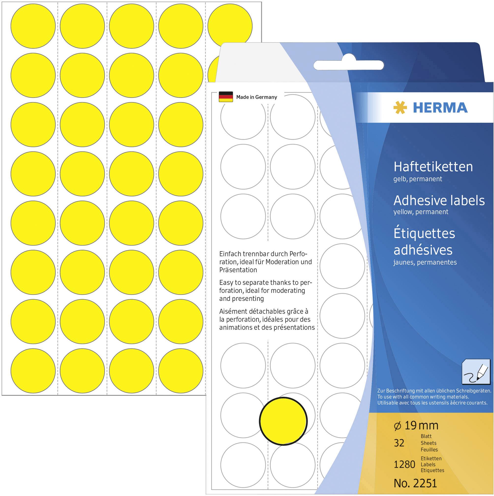 Herma 2251 Sticky dots Ø 19 mm Yellow 1280 pc(s) Permanent adhesive Paper