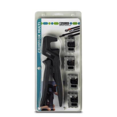 Packaging for a crimping tool set with pliers and multiple inserts. Tool for cable processing, likely for home use.