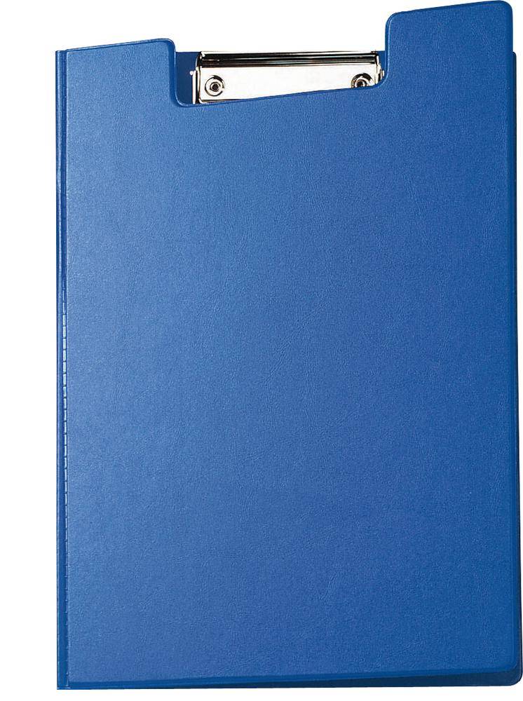 A blue lever arch file with a metal clip at the top edge, standing upright, without paper or decoration.