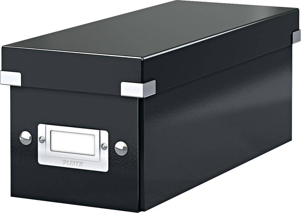 Black, rectangular archive box with metal fittings and a label holder on the front.
