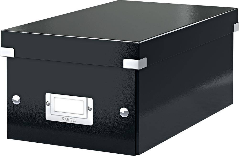 Black, rectangular storage box with lid and metal corner reinforcements, perfect for storing documents or items.